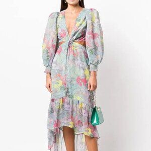 $695 ALICE & OLIVIA “Katia” Abstract Puff Sleeve Cutout Dress